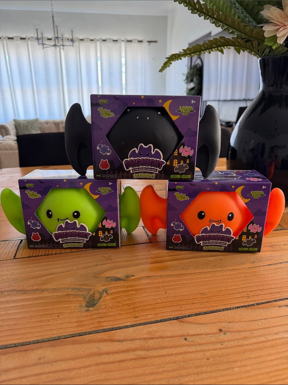 Three 3 Midnight Squishy Bats Green, Orange & Black